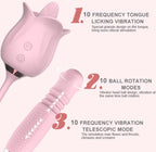 3-in-1 Blooming Sexy Pink Rose Toy Rotating Pearls Telescopic Tongue-licking Vibrator