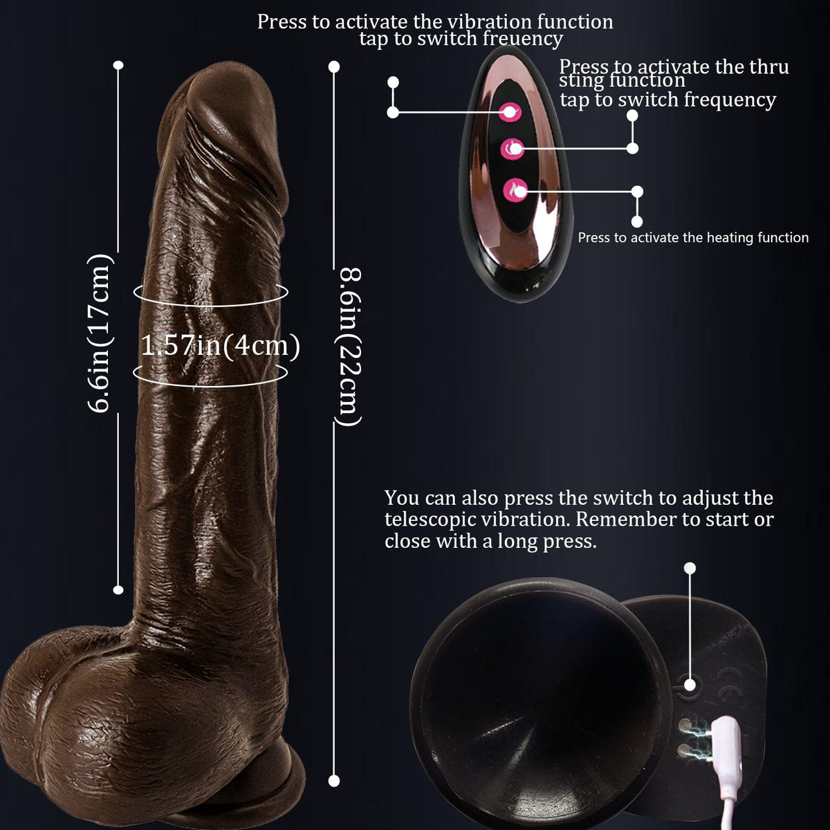 6.6 in Vibrating Thrusting Swing Thick Long Lifelike Dildo With Remote Control