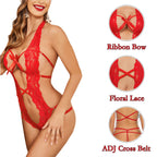 Women Deep V Halter Lingerie Teddy One Piece Bodysuit Lace Babydoll – product view 4