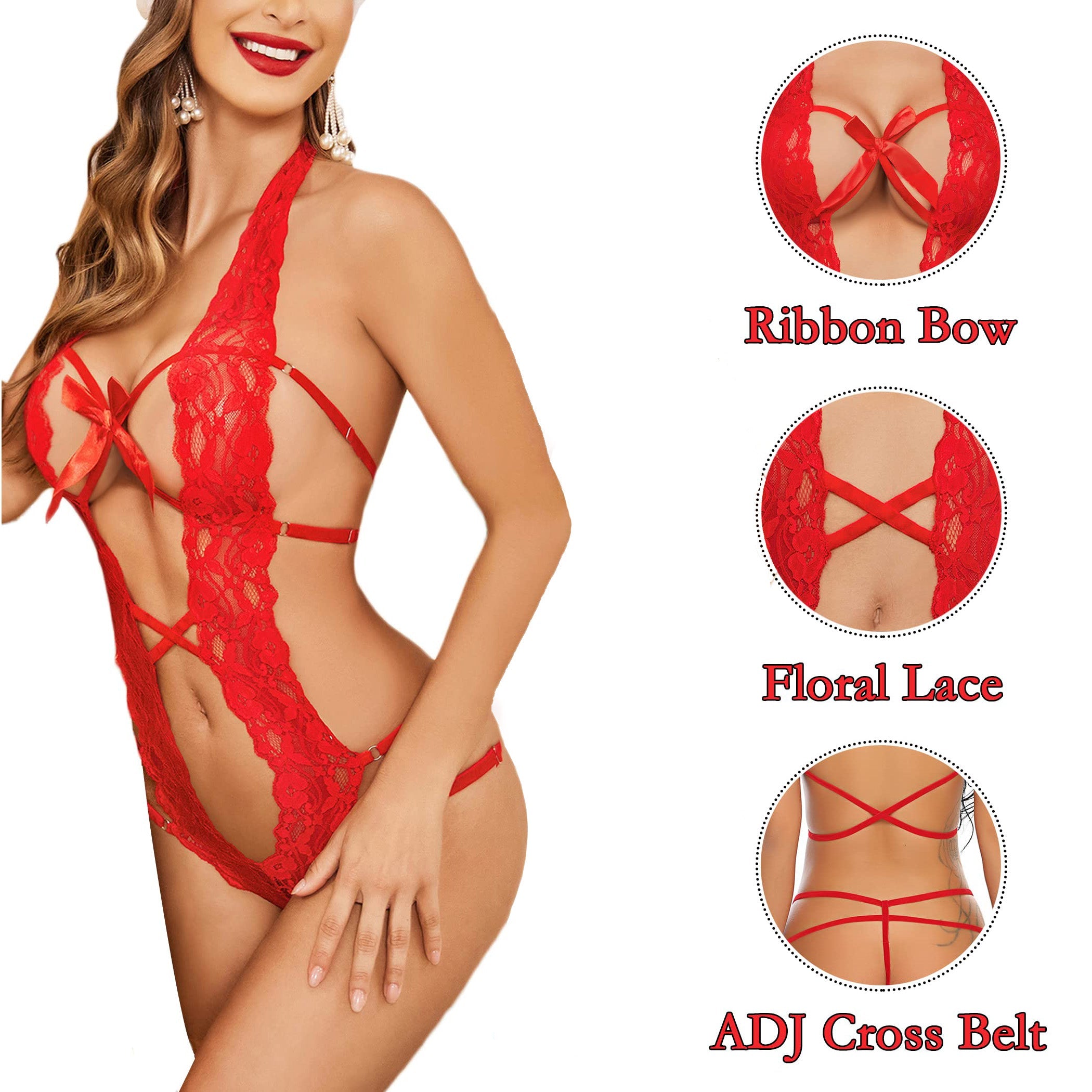 Women Deep V Halter Lingerie Teddy One Piece Bodysuit Lace Babydoll – product view 4