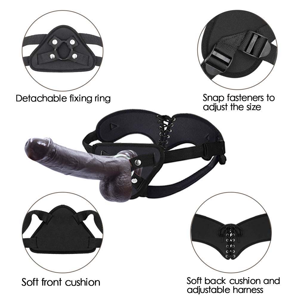 Strap-on Dildo Realistic Silicone Dildo with Wearable Sex Harness for Couple Pegging Women Lesbian Sex Fun, 7.6'' (Black) – product view 2