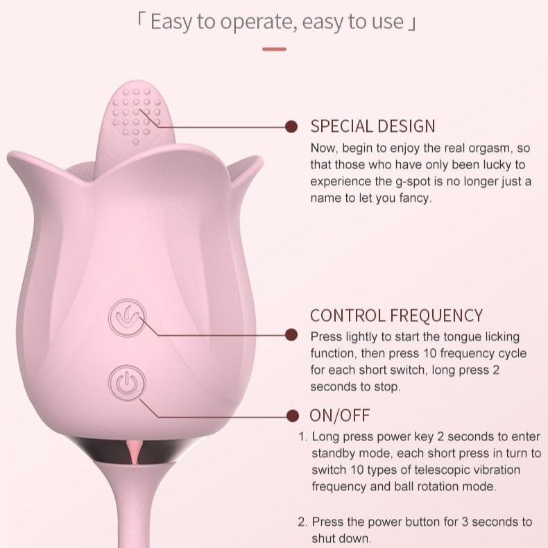 3-in-1 Blooming Sexy Pink Rose Toy Rotating Pearls Telescopic Tongue-licking Vibrator