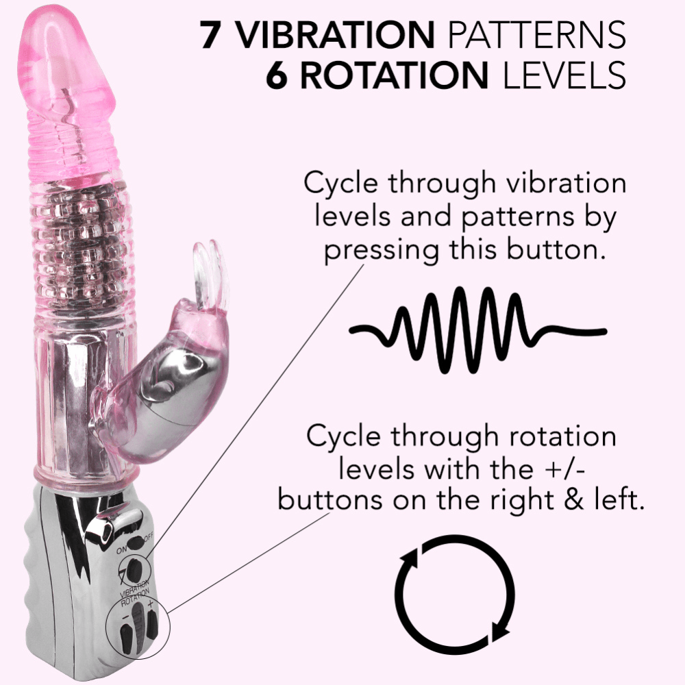 7 vibration patterns and 6 rotation levels! Cycle through vibration levels and patterns by pressing this button. Cycle through rotating levels with the plus and minus buttons on the right and left. | AnneToys