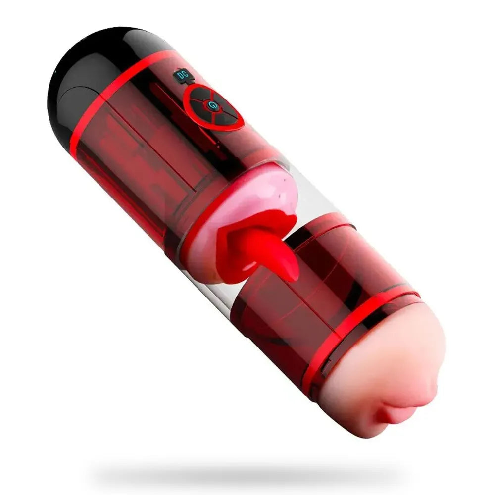 Deep Throat Fully Automatic Electric Masturbation Cup with 12 Vibration Dual Channel Tongue Licking, Water Spray Function Blowjob Toy