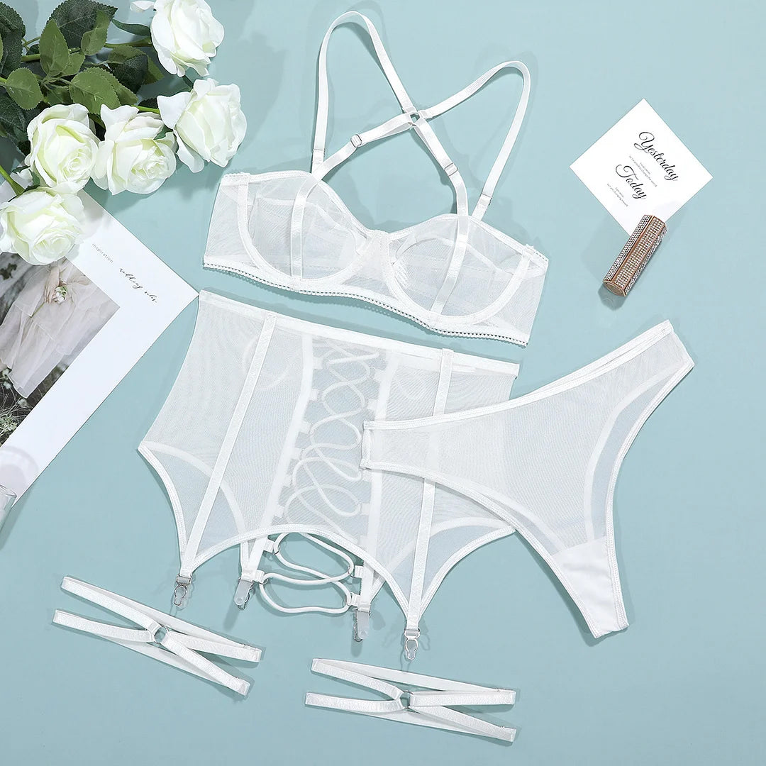 Sexy Underwear Cross Tie Hollow Out Three Piece Set – product view 9