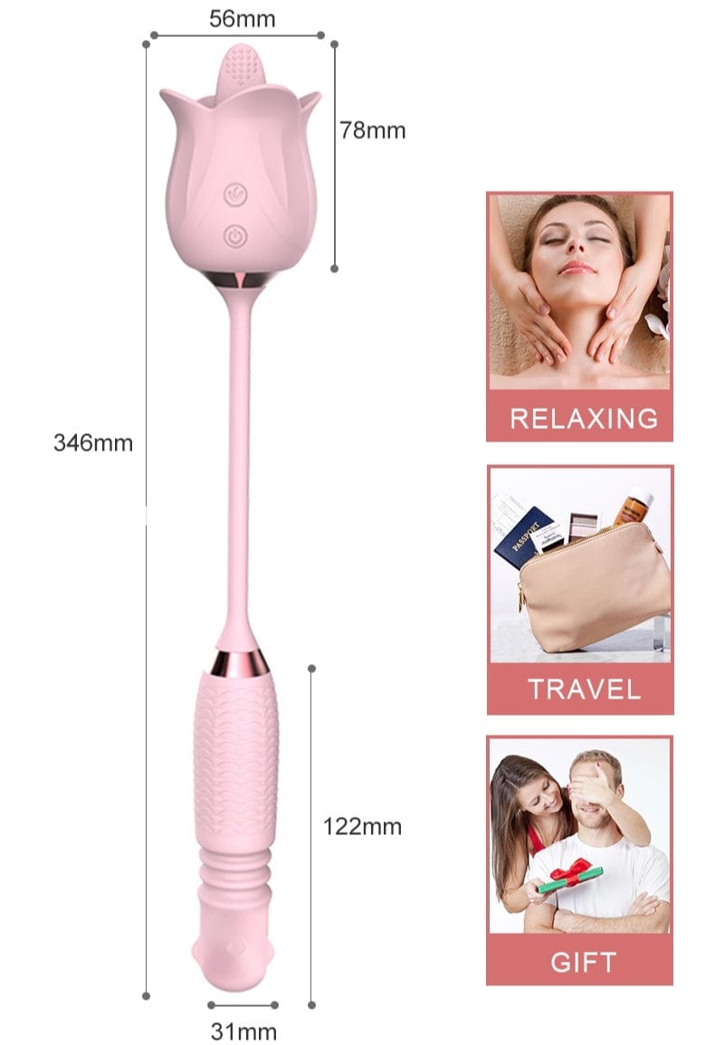 3-in-1 Blooming Sexy Pink Rose Toy Rotating Pearls Telescopic Tongue-licking Vibrator
