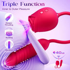 Triple function rose toy: thrusting, suction and vibration