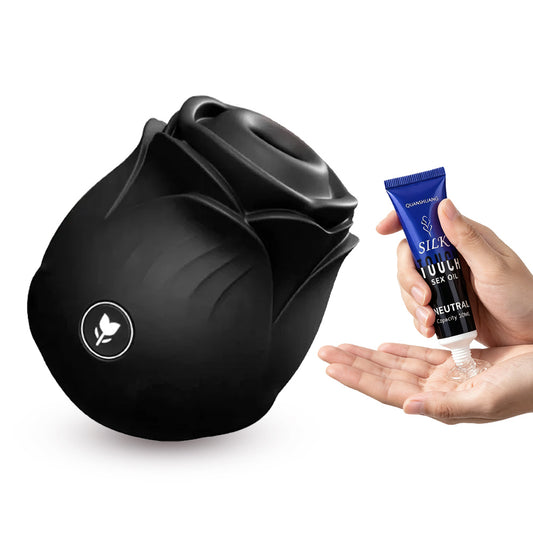 Black Amora Rose Clit Suction Massager - tongue vibrator featuring waterproof, rechargeable, body-safe silicone