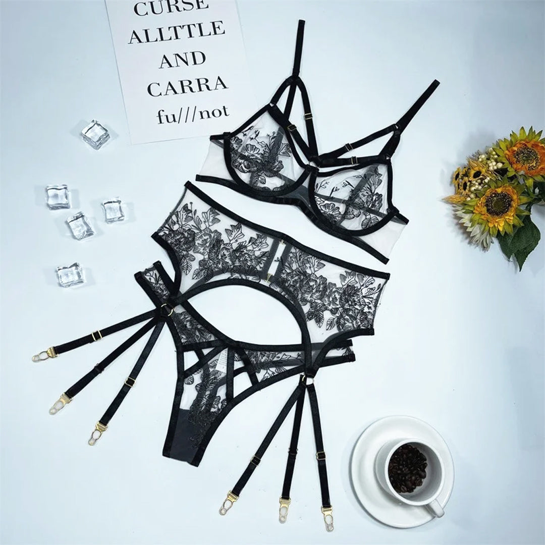Lace Embroidery Black Sex Lingerie Set – product view 7