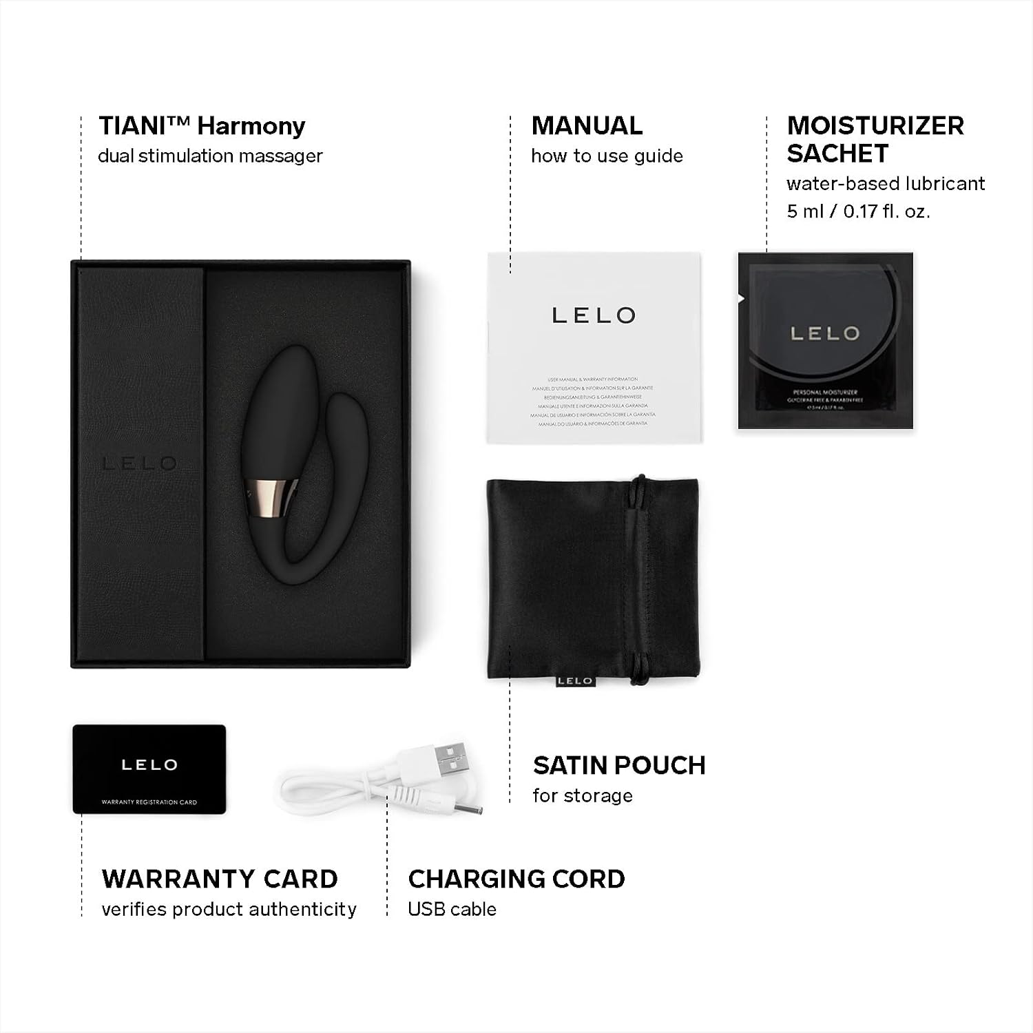 LELO TIANI Harmony in-box accessories with USB charging cable, storage pouch and manual