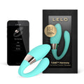 Aqua LELO TIANI Harmony couples vibrator with retail packaging and LELO app display