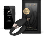 Black LELO TIANI Harmony couples vibrator with retail packaging and LELO app display