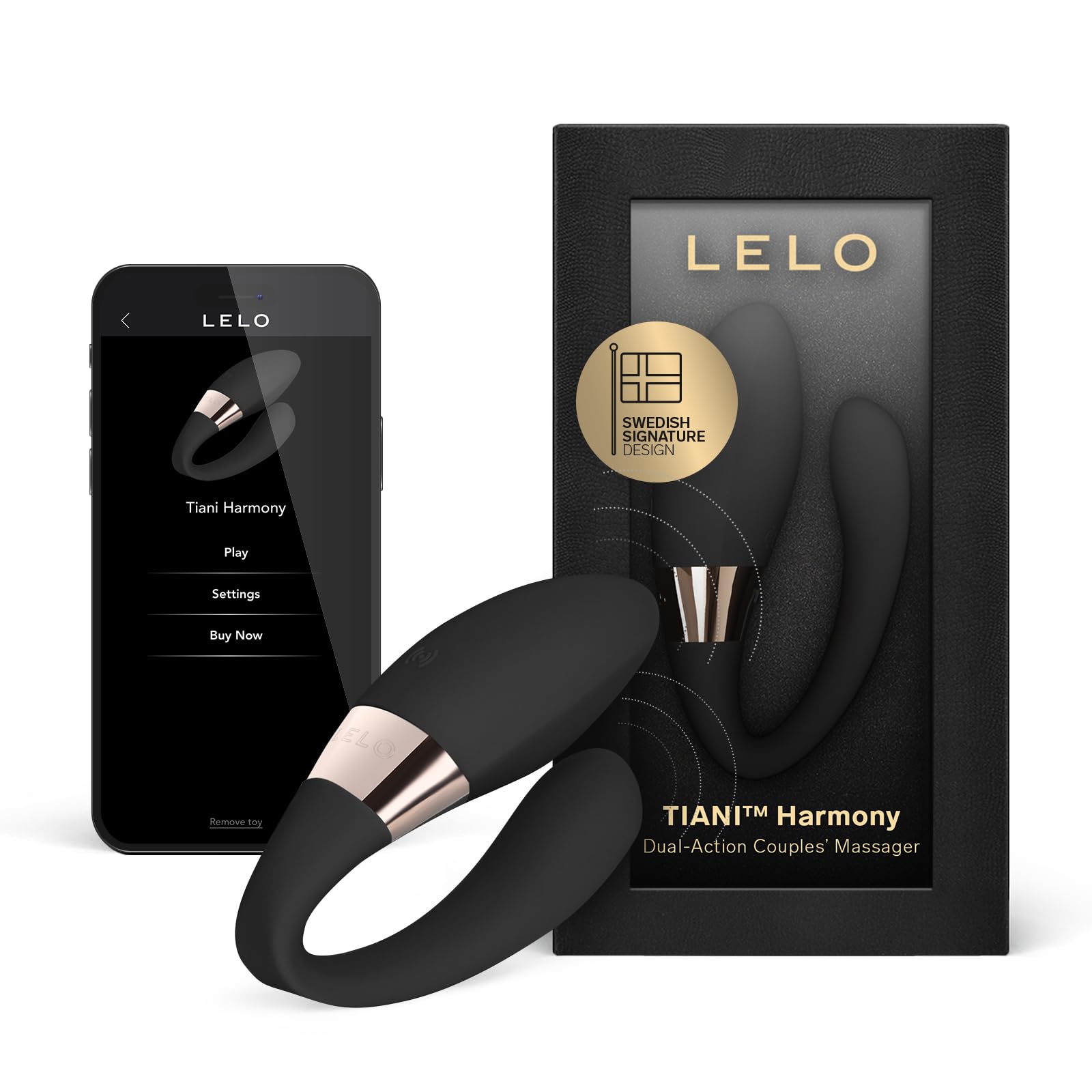 Black LELO TIANI Harmony couples vibrator beside retail packaging and LELO app display