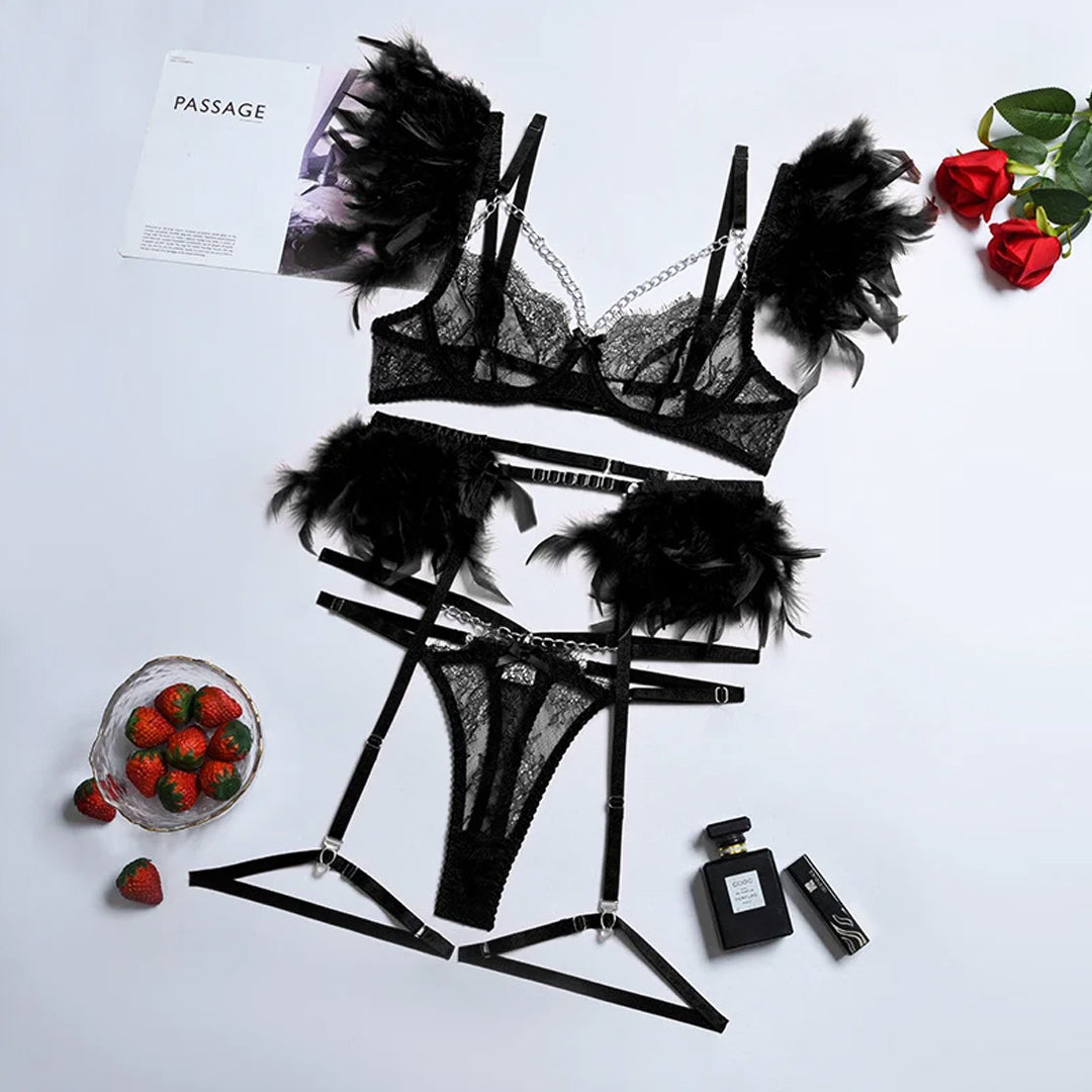 Night Angel Feather Lace Ultra-thin Sexy Lingerie Suit – product view 3