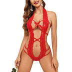 Women Deep V Halter Lingerie Teddy One Piece Bodysuit Lace Babydoll – product view 2
