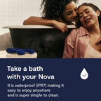 We-Vibe Nova 2 IPX7 waterproof rabbit vibrator beside a bathtub