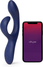 We-Vibe Nova 2 midnight blue rabbit vibrator beside the We-Vibe app screen