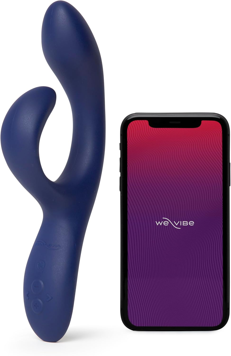 We-Vibe Nova 2 midnight blue rabbit vibrator beside the We-Vibe app screen