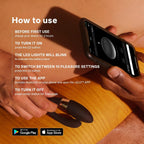 Person holding a smartphone showing the LELO app beside a black TIANI Harmony couples vibrator