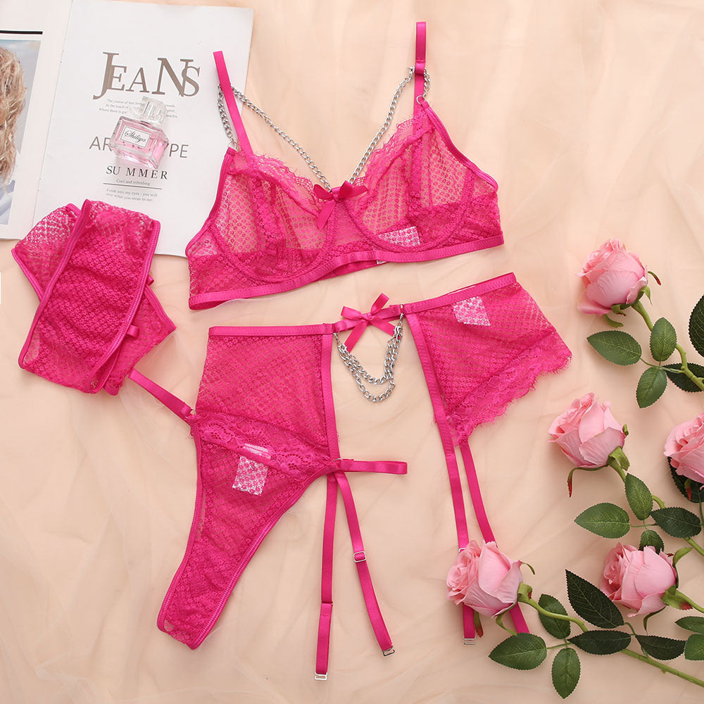 Sexy Underwear Mesh Splicing Lace Chain Butterfly Four Piece Set – product view 6