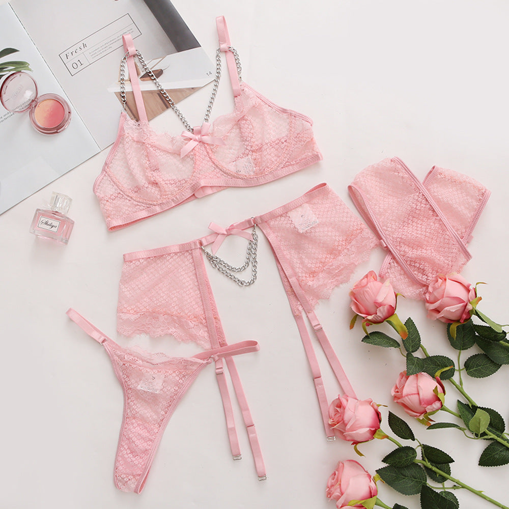 Sexy Underwear Mesh Splicing Lace Chain Butterfly Four Piece Set – product view 8