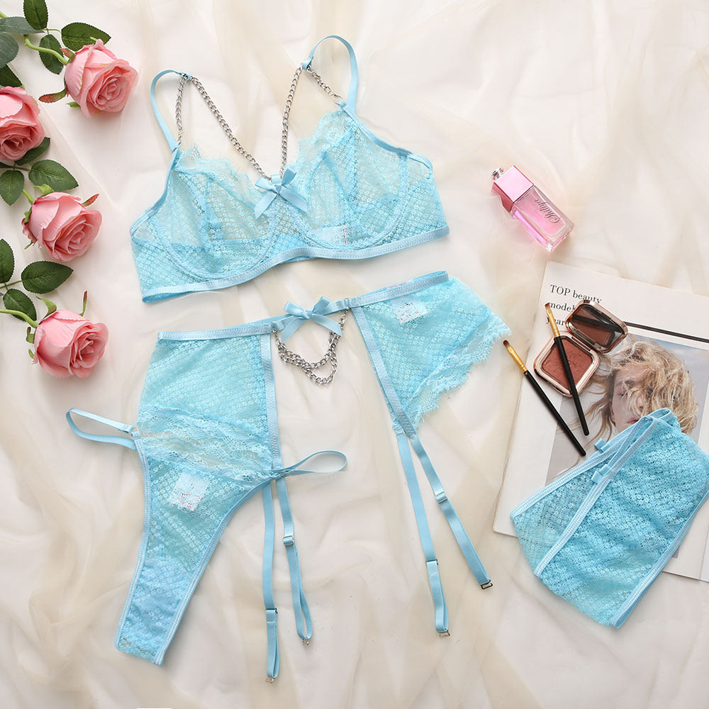 Sexy Underwear Mesh Splicing Lace Chain Butterfly Four Piece Set – product view 14