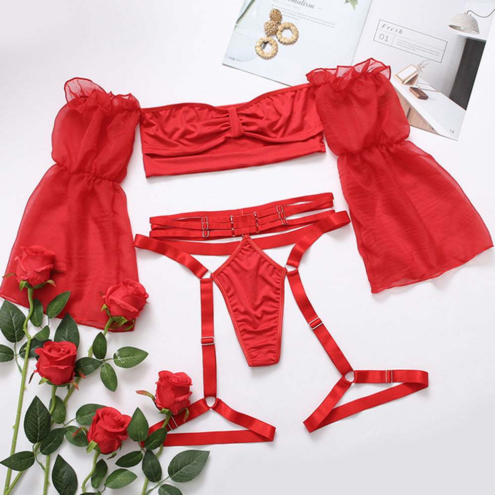 Off The Shoulder Collarbone Five Point Lace Sleeve Sling Fun Suit – product view 7
