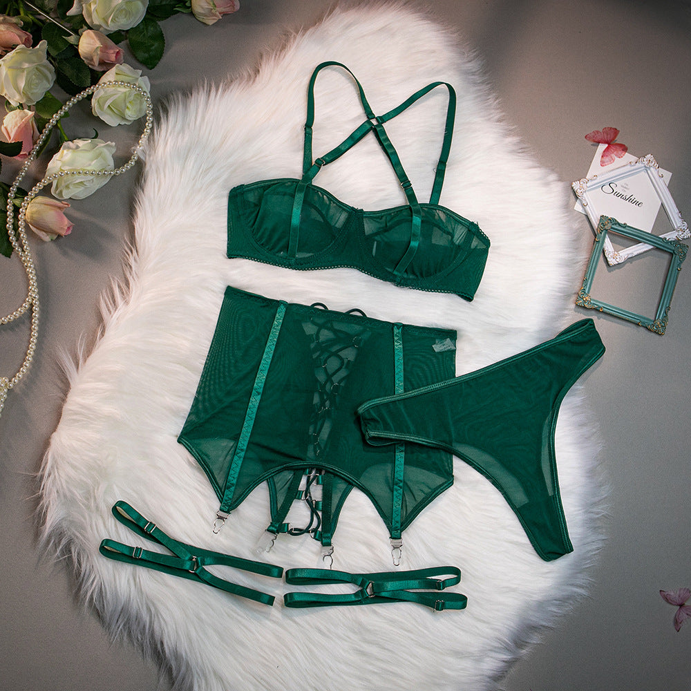 Sexy Underwear Cross Tie Hollow Out Three Piece Set – product view 10