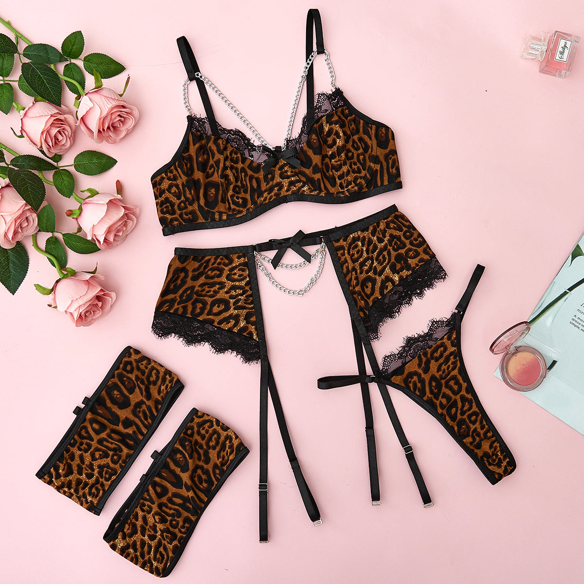 Sexy Underwear Mesh Splicing Lace Chain Butterfly Four Piece Set – product view 10