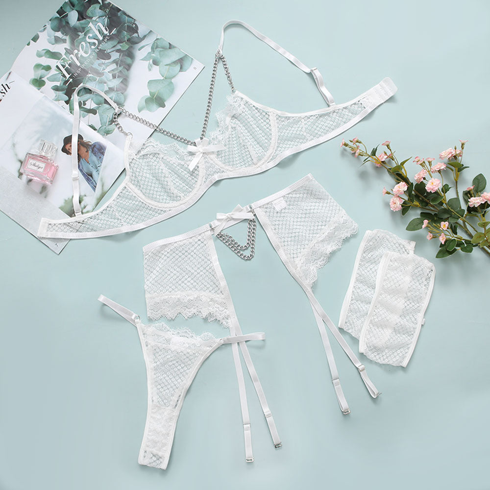 Sexy Underwear Mesh Splicing Lace Chain Butterfly Four Piece Set – product view 2