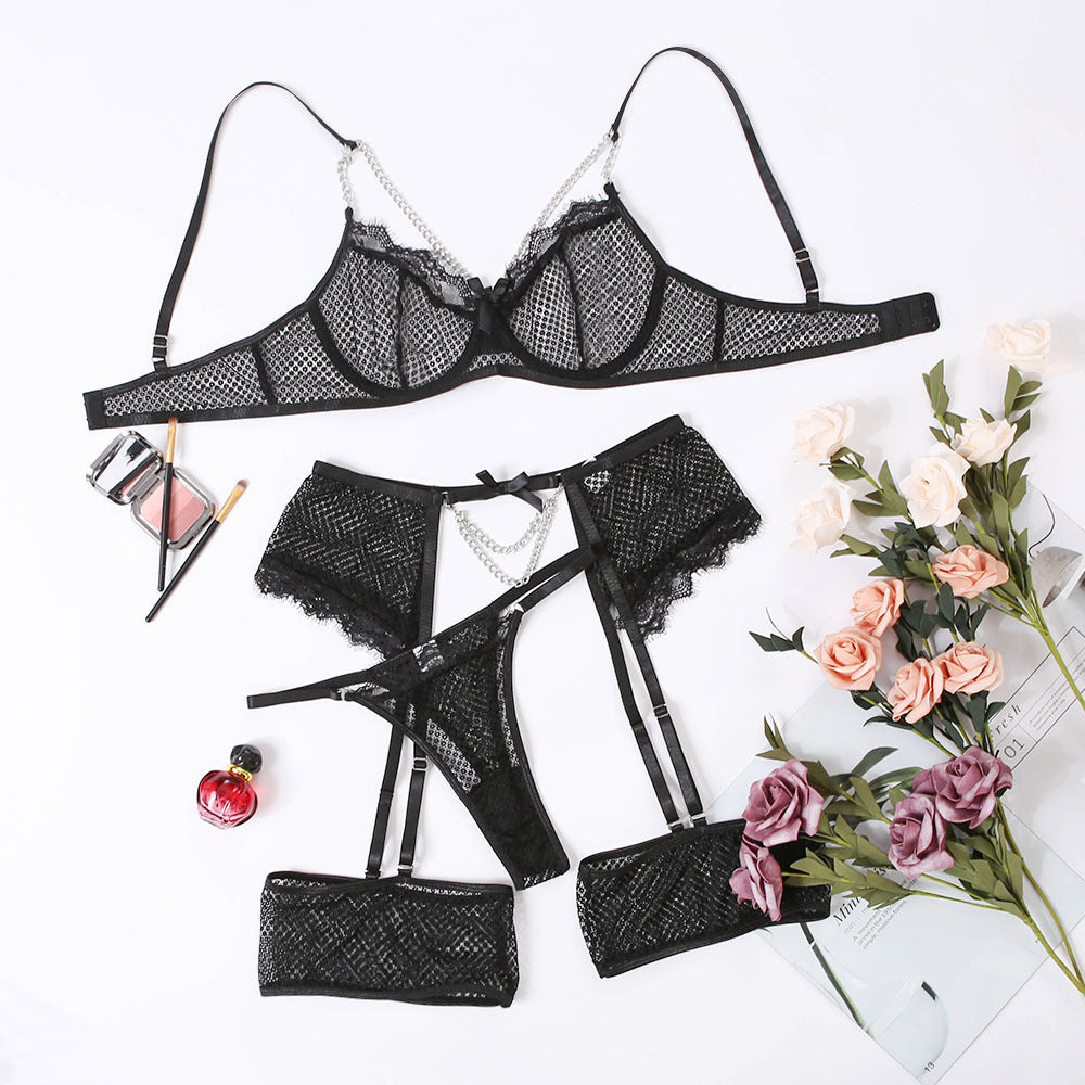 Sexy Underwear Mesh Splicing Lace Chain Butterfly Four Piece Set – product view 4