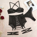 Sexy Underwear Cross Tie Hollow Out Three Piece Set – product view 7