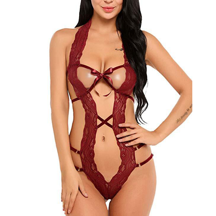 Women Deep V Halter Lingerie Teddy One Piece Bodysuit Lace Babydoll – product view 7
