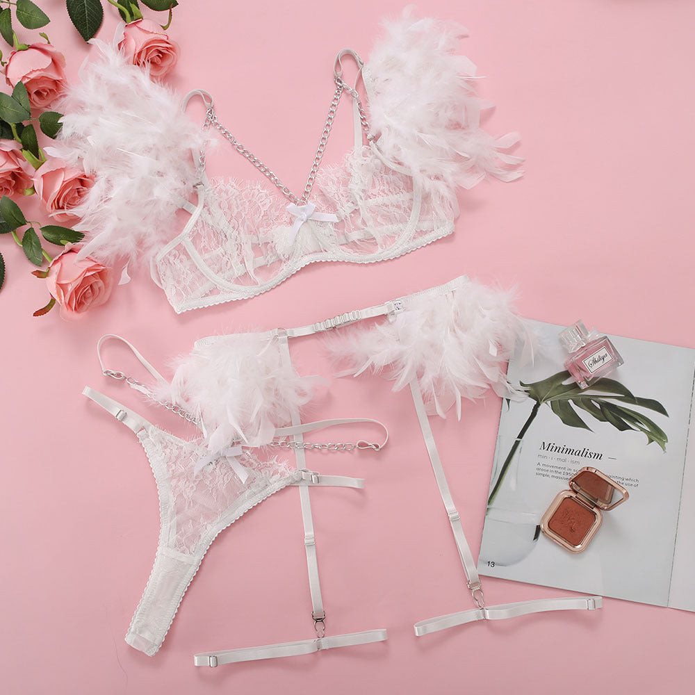 Night Angel Feather Lace Ultra-thin Sexy Lingerie Suit – product view 5