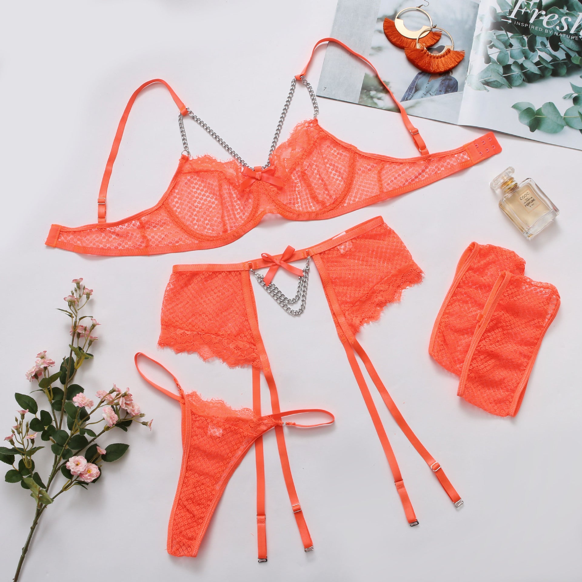 Sexy Underwear Mesh Splicing Lace Chain Butterfly Four Piece Set – product view 7