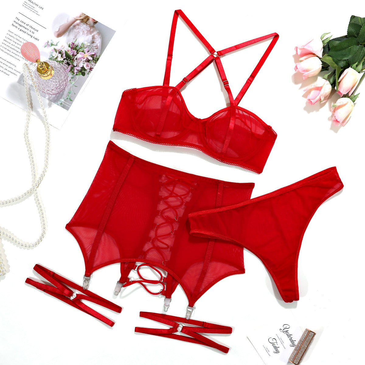 Sexy Underwear Cross Tie Hollow Out Three Piece Set – product view 8