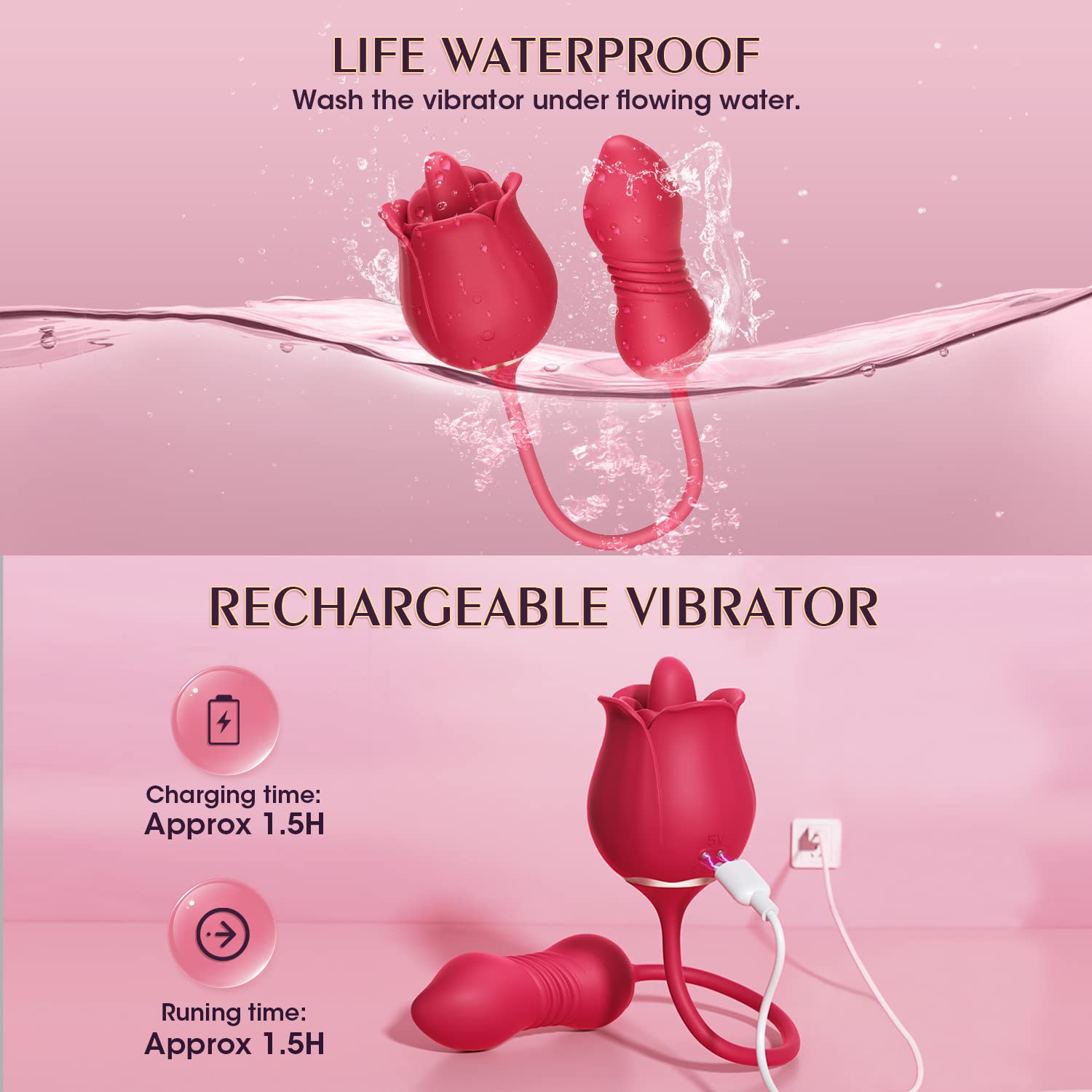 Rose Sex Toys Dildo Vibrator - 3in1 Adult Toys Sex Stimulator for Women with 9 Tongue Licking & Thrusting Dildo G Spot Vibrators – product view 4