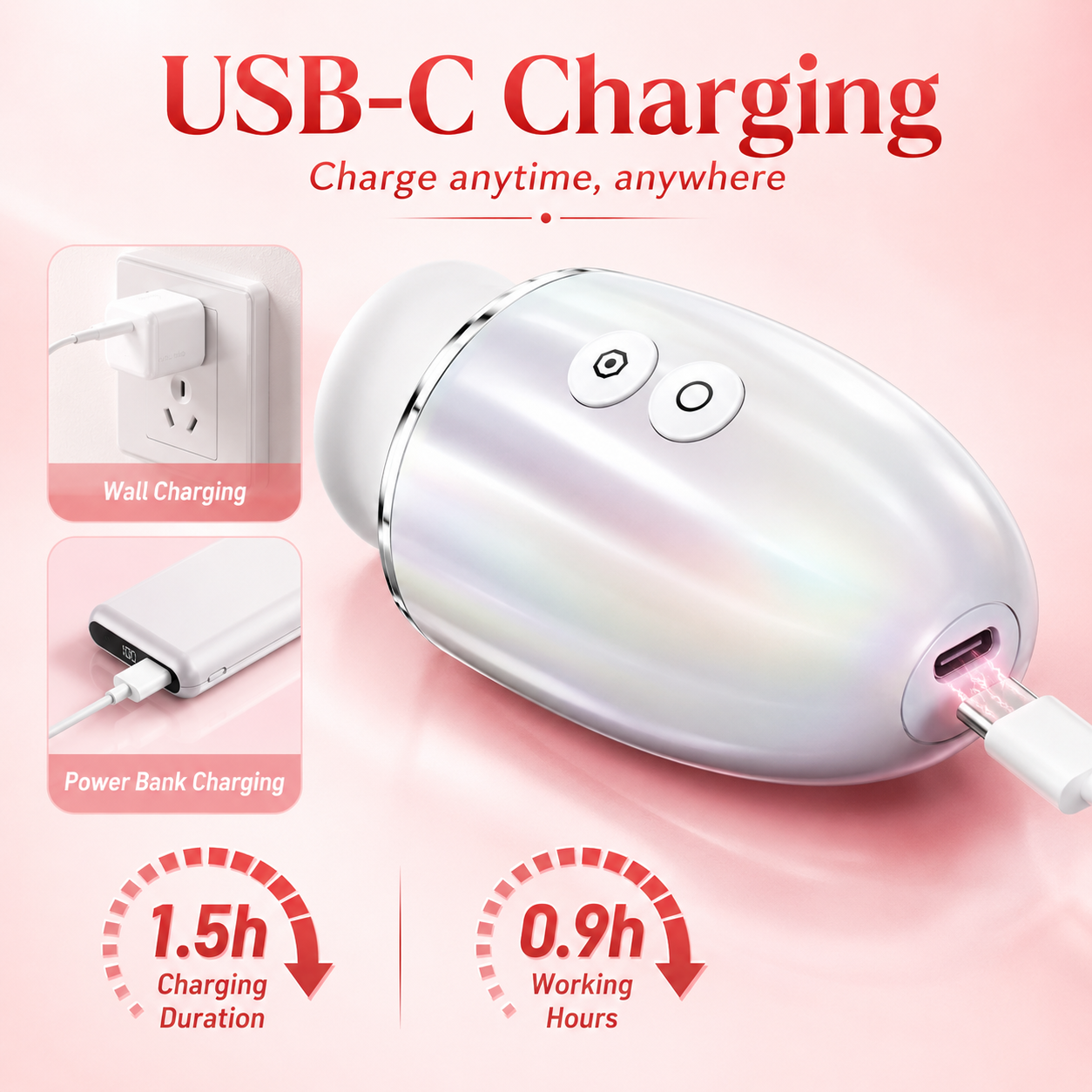 PearlShine USB-C rechargeable vibrator with 1.5-hour charging and 0.9-hour runtime
