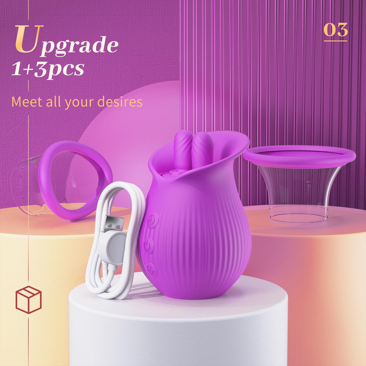 Rose Romeo - 3in1 Rose Sex Toy with 2 Suction Cups Adult Toys Female Clitoral Nipple Vibrators with 10 Licking Sucking Vibrating